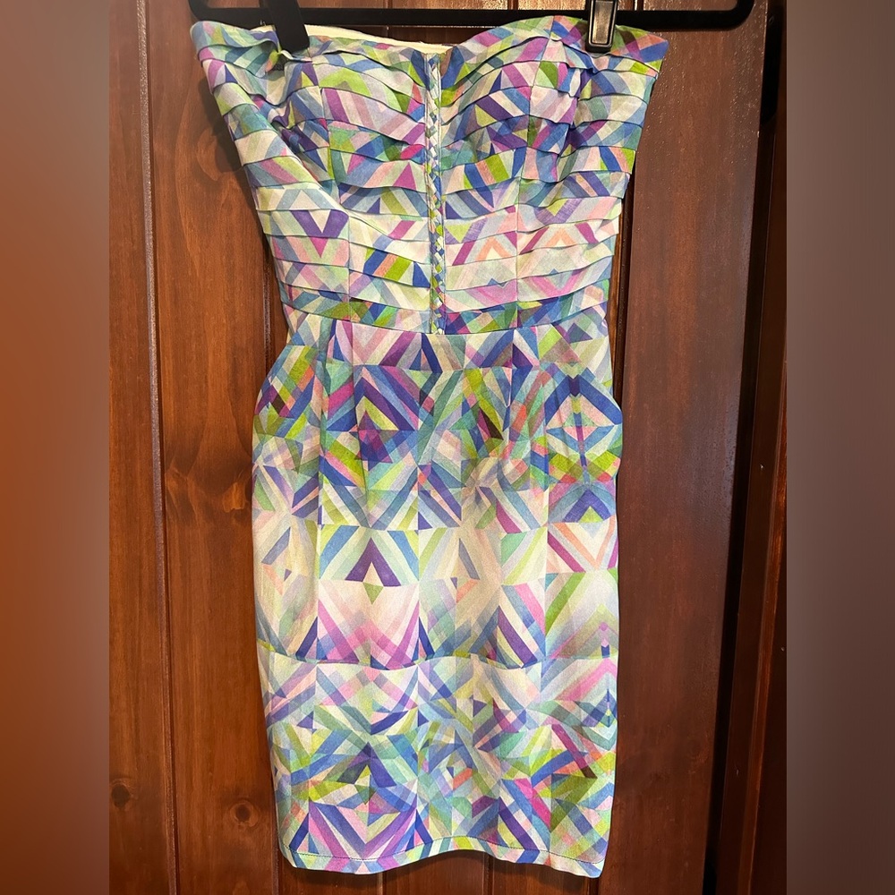 Charlie Jade geometric watercolor print silk strapless dress XS